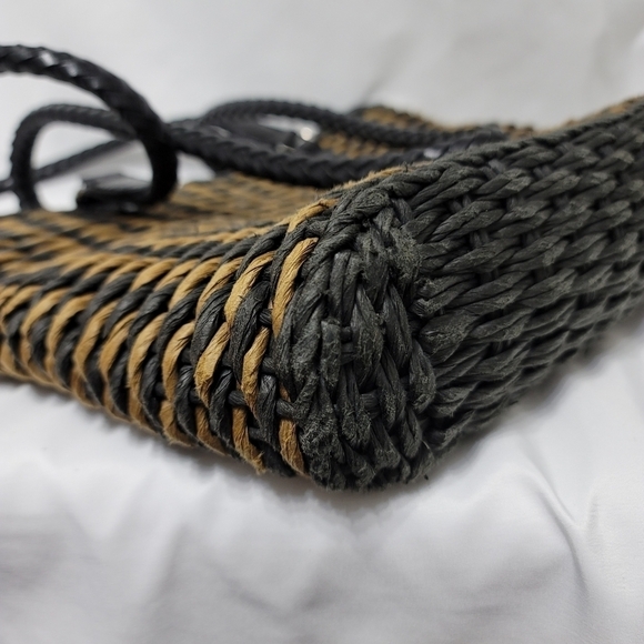 Vintage Brighton Raffia Straw Leather Trim Shoulder Bag - Black & Tan - Picture 9 of 16